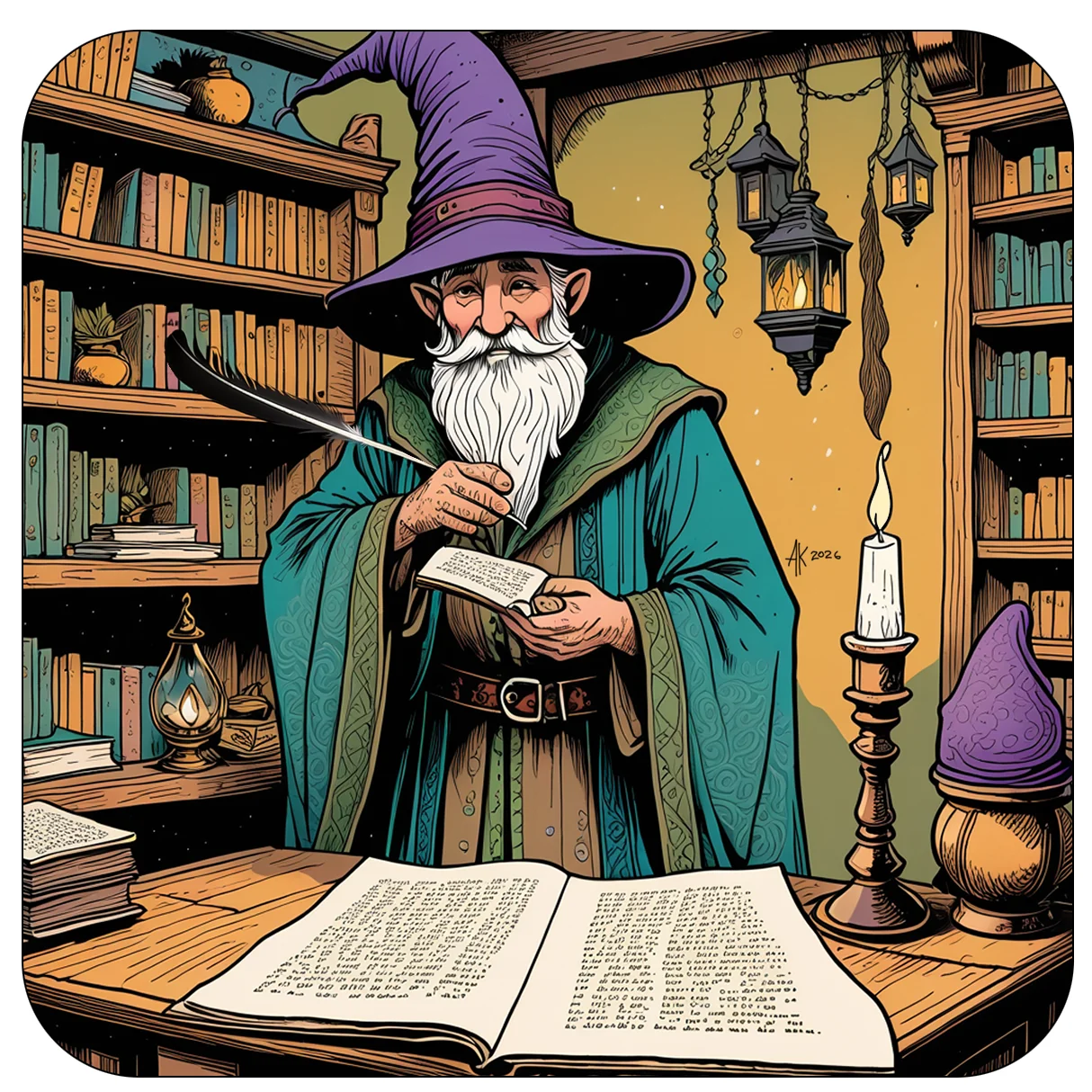 A wizened wizard with a long white beard and tall purple hat, writing with a quill at a desk in a cozy candlelit library.
